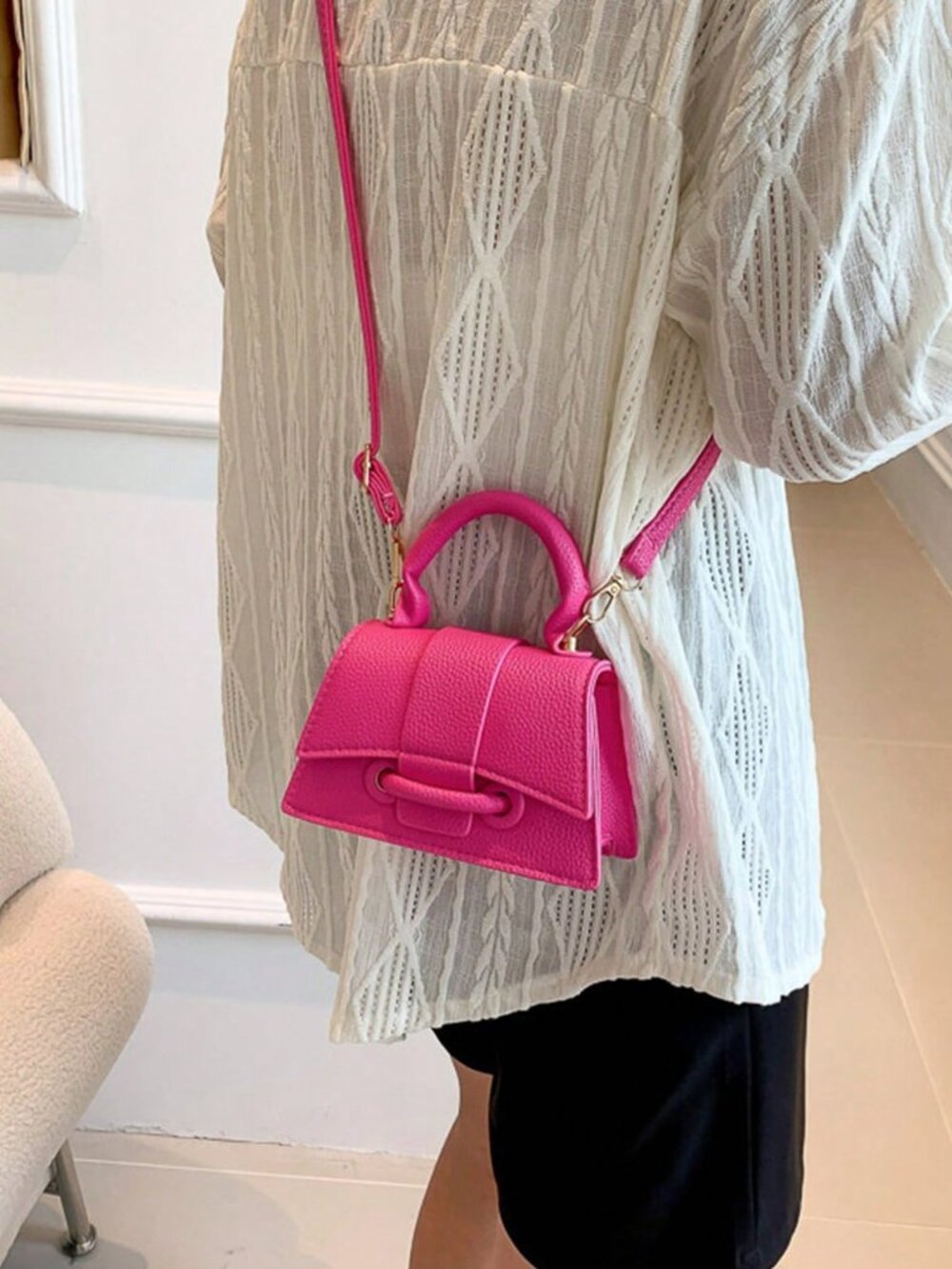 Hot Pink Checkered Women's Crossbody Bag with Adjustable Strap - Picture 2 of 6